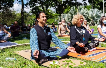 Yoga practitioners performing Asanas at the curtain raiser event organized by EOI Caracas for the upcoming IDY on 21 June